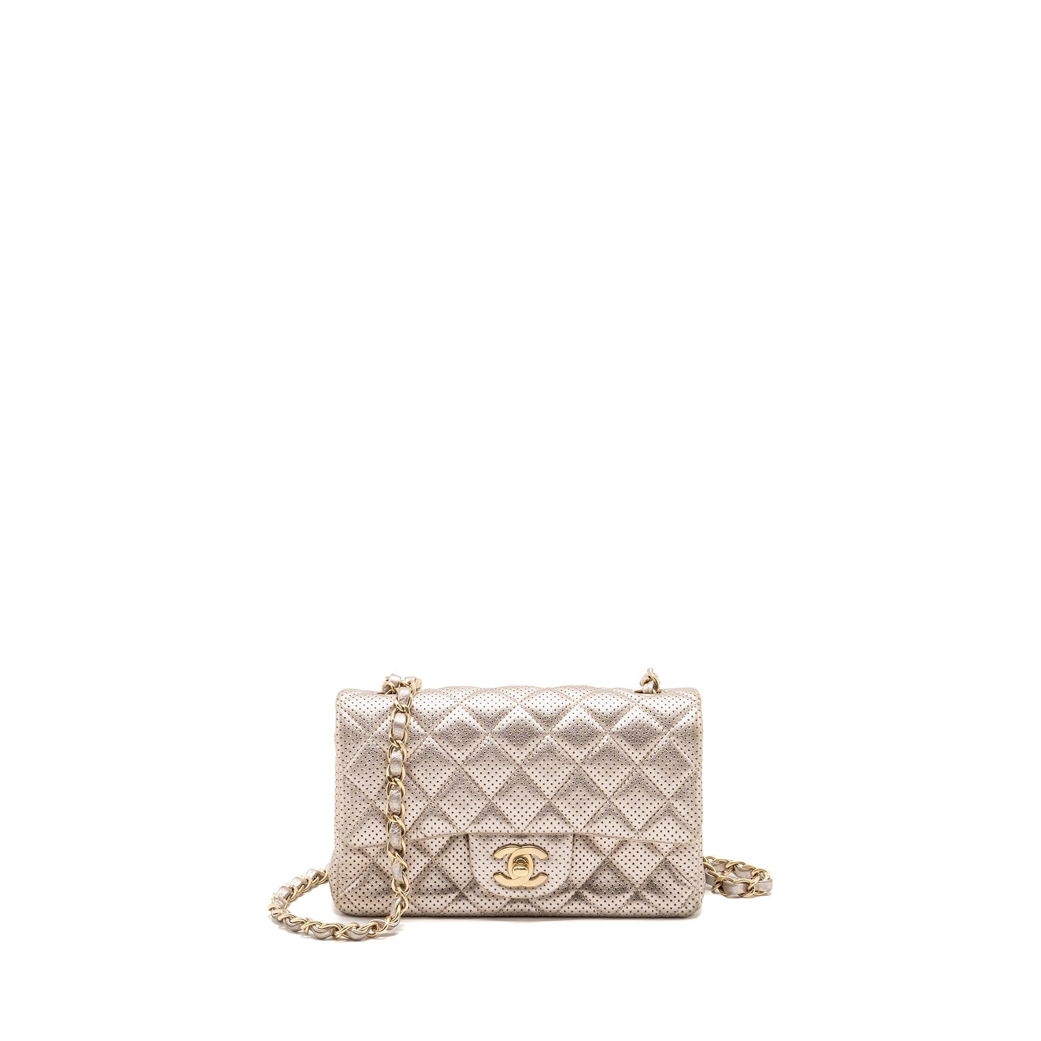 CHANEL MINI RECTANGULAR FLAP BAG PERFORATED METALLIC LAMBSKIN LIGHT GOLD LGHW