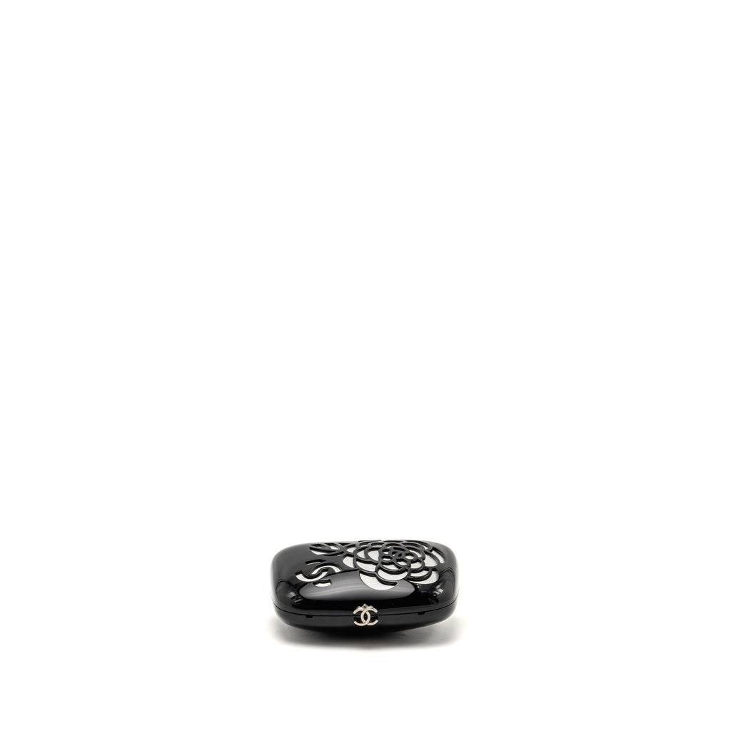 CHANEL CAMELLIA MINAUDIERE CHAIN EVENING CLUTCH ACRYLIC PLASTIC BLACK / SILVER SHW