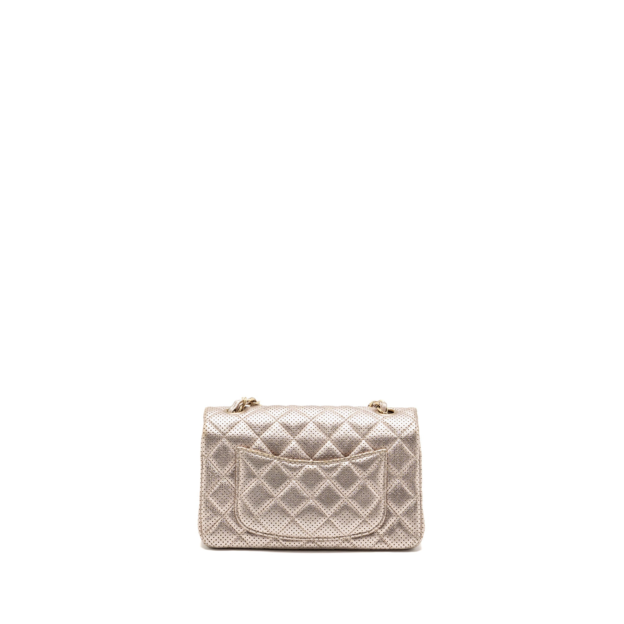 CHANEL MINI RECTANGULAR FLAP BAG PERFORATED METALLIC LAMBSKIN LIGHT GOLD LGHW