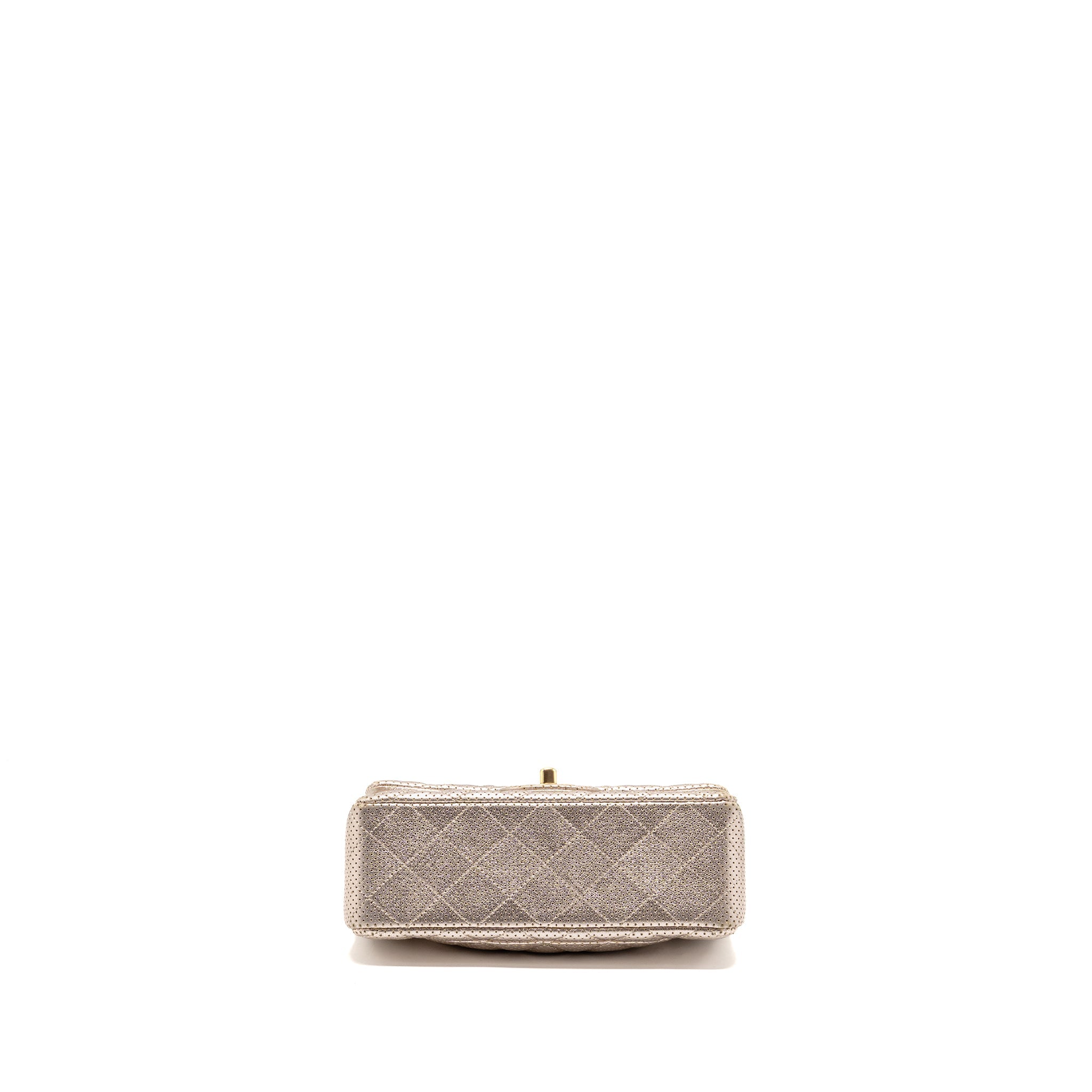 CHANEL MINI RECTANGULAR FLAP BAG PERFORATED METALLIC LAMBSKIN LIGHT GOLD LGHW