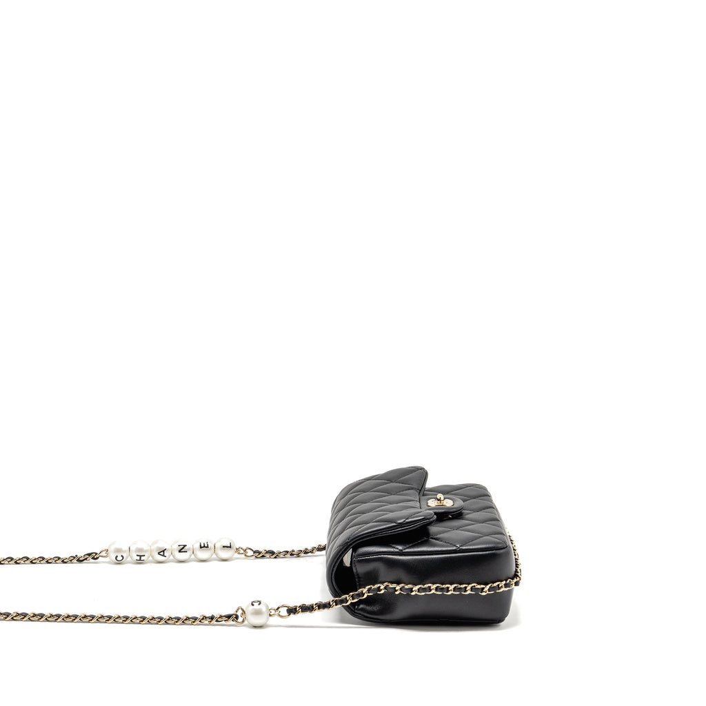 CHANEL QUILTED FLAP BAG WITH PEARL DETAILED CHAIN LAMBSKIN BLACK LGHW