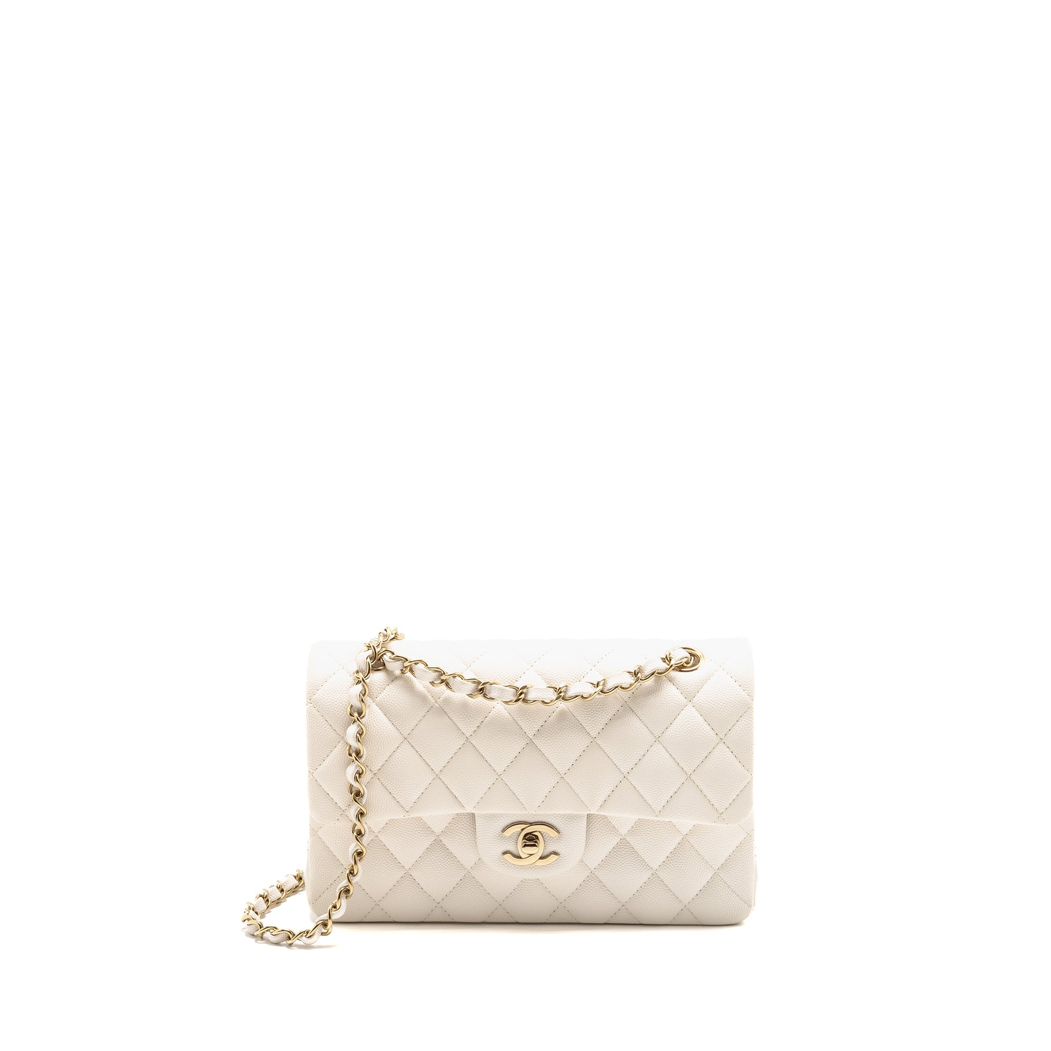 CHANEL SMALL CLASSIC DOUBLE FLAP BAG CAVIAR WHITE LGHW (MICROCHIP)