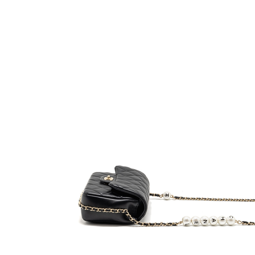CHANEL QUILTED FLAP BAG WITH PEARL DETAILED CHAIN LAMBSKIN BLACK LGHW