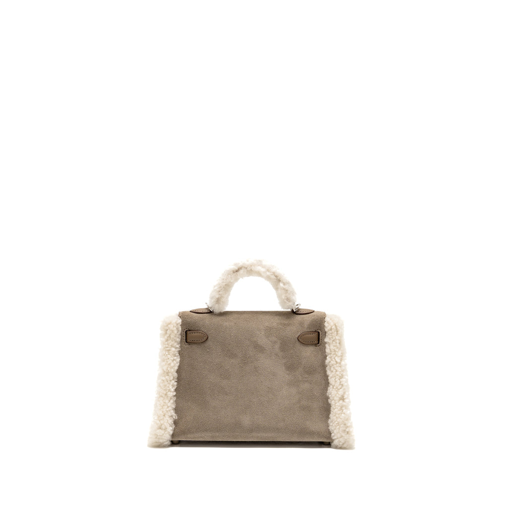HERMES MINI KELLY PLUCH GRIZZLY/SWIFT/MOUTON MERINOS GRIS CAILLOU/ECRU/ETOUPE SHW