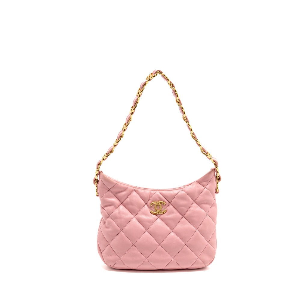 CHANEL 22K HOBO BAG WITH LOGO CHAIN LAMBSKIN PINK GHW (MICROCHIP)