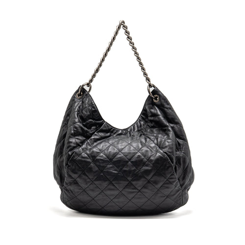 CHANEL COCO PLEATS HOBO BAG CALFSKIN BLACK RUTHENIUM HARDWARE