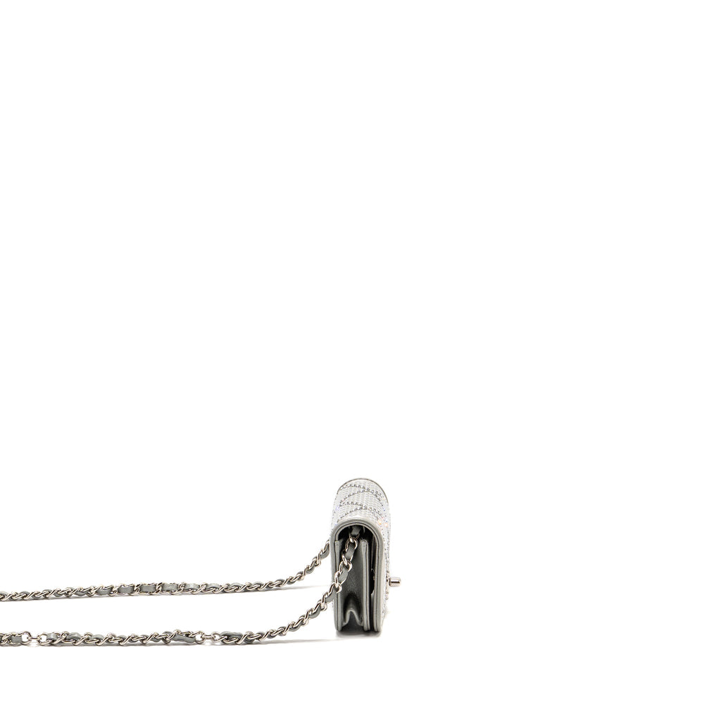 CHANEL 22A MINI STUDDED CHAIN BELT BAG WITH CRYSTAL METALLIC LAMBSKIN SILVER SHW (MICROCHIP)