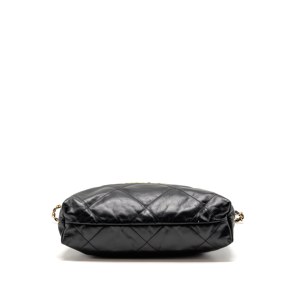 CHANEL SMALL 22 BAG WITH WHITE LETTER LOGO CALFSKIN BLACK GHW (MICROCHIP)