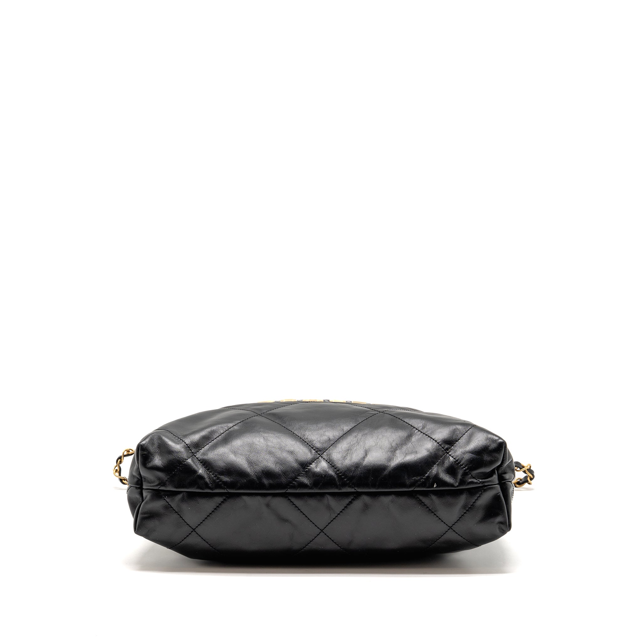 CHANEL SMALL 22 BAG WITH WHITE LETTER LOGO CALFSKIN BLACK GHW (MICROCHIP)
