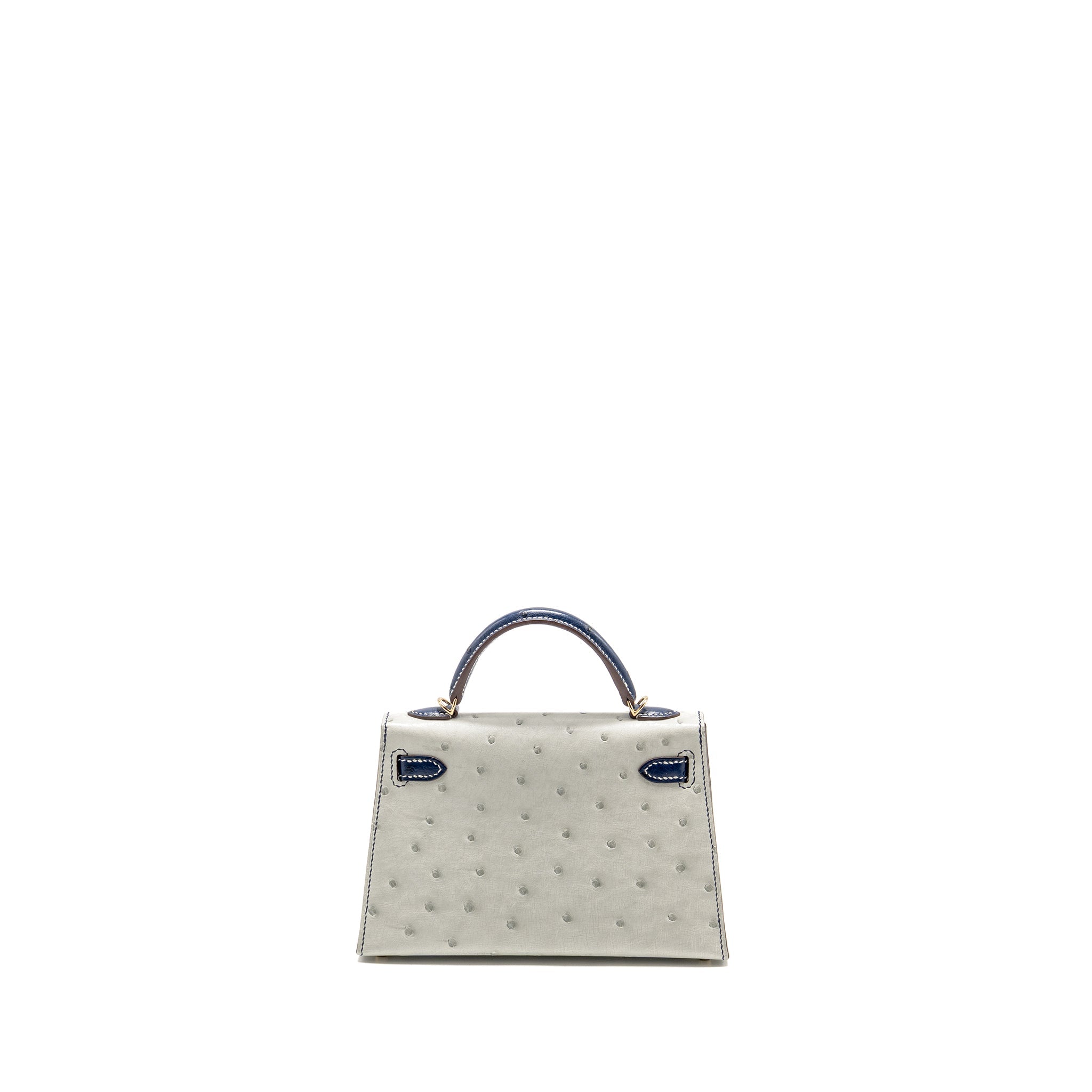 HERMES MINI KELLY SPECIAL ORDER OSTRICH GRIS PERLE/BLUE IRIS LGHW
