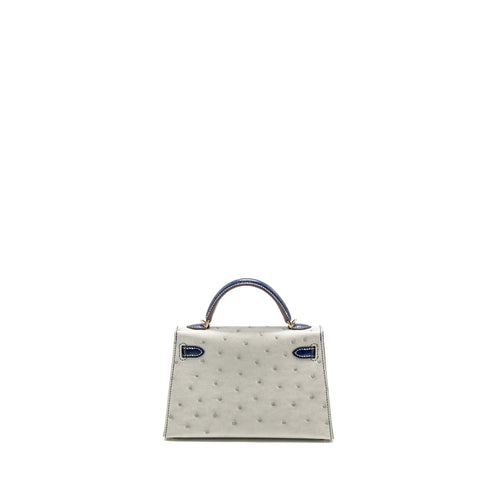 HERMES MINI KELLY SPECIAL ORDER OSTRICH GRIS PERLE/BLUE IRIS LGHW