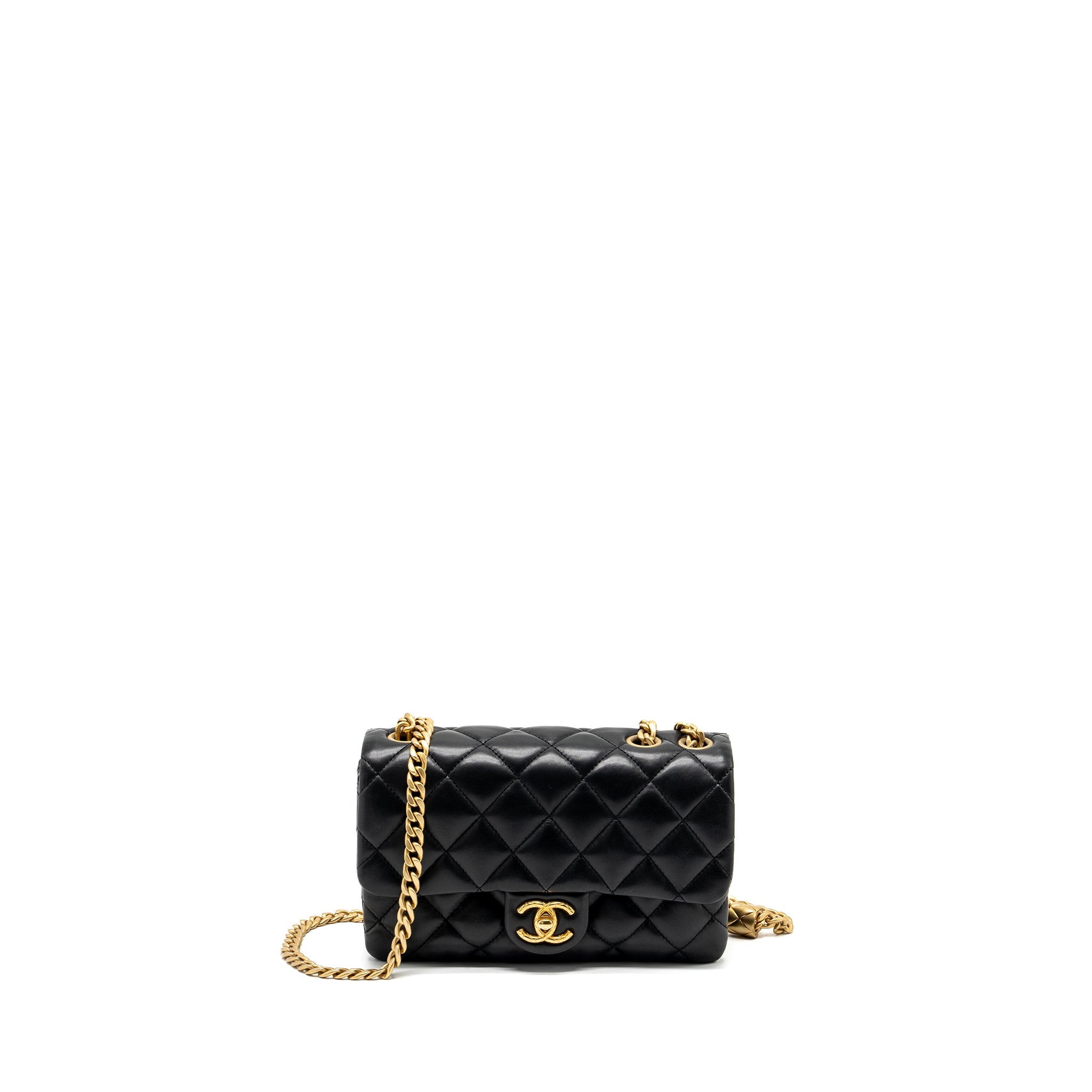 CHANEL 22K GOLD PILLAR ADJUSTABLE CHAIN FLAP BAG LAMBSKIN BLACK BRUSHED GHW (MICROCHIP)
