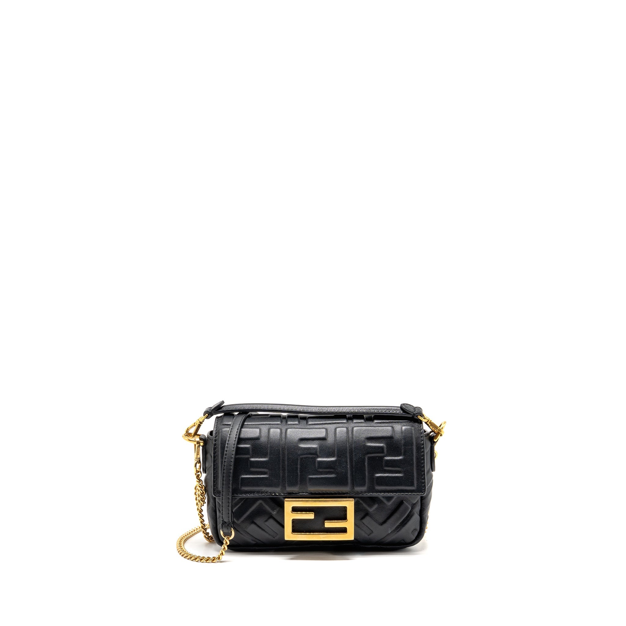 FENDI MINI BAGUETTE BAG FF MOTIF LAMBSKIN BLACK GHW