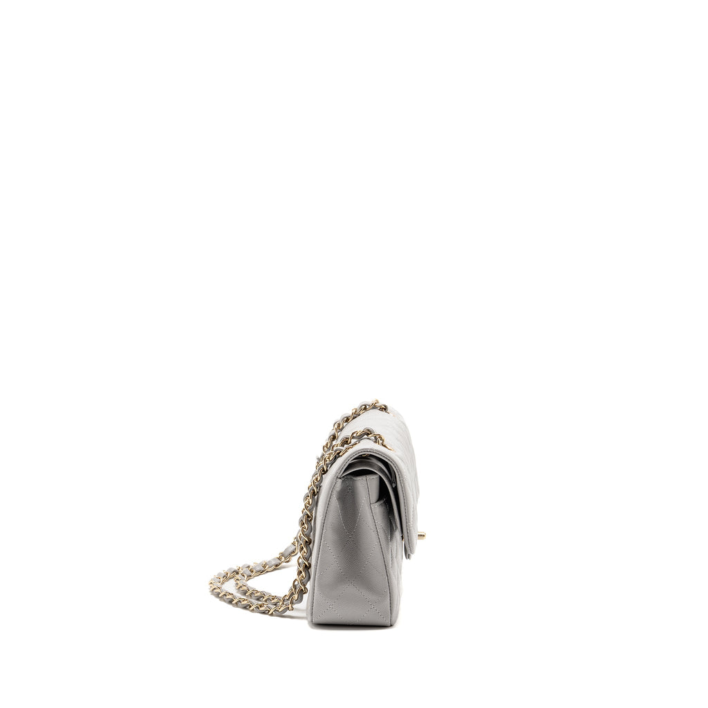CHANEL SMALL CLASSIC DOUBLE FLAP BAG CAVIAR LIGHT GREY LGHW (MICROCHIP)