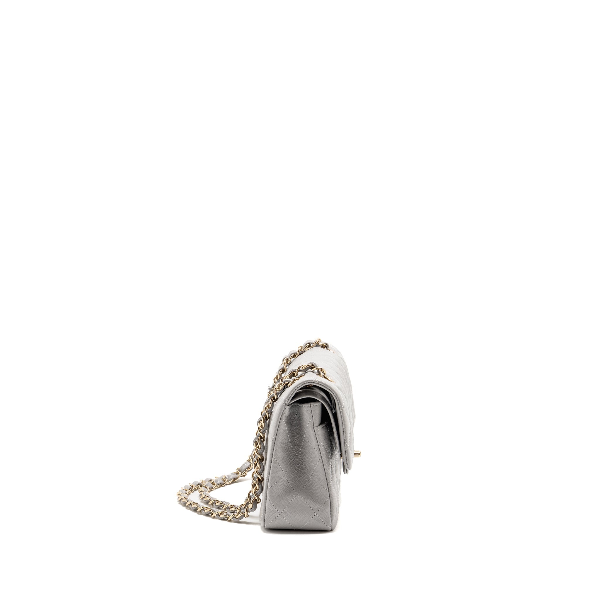 CHANEL SMALL CLASSIC DOUBLE FLAP BAG CAVIAR LIGHT GREY LGHW (MICROCHIP)