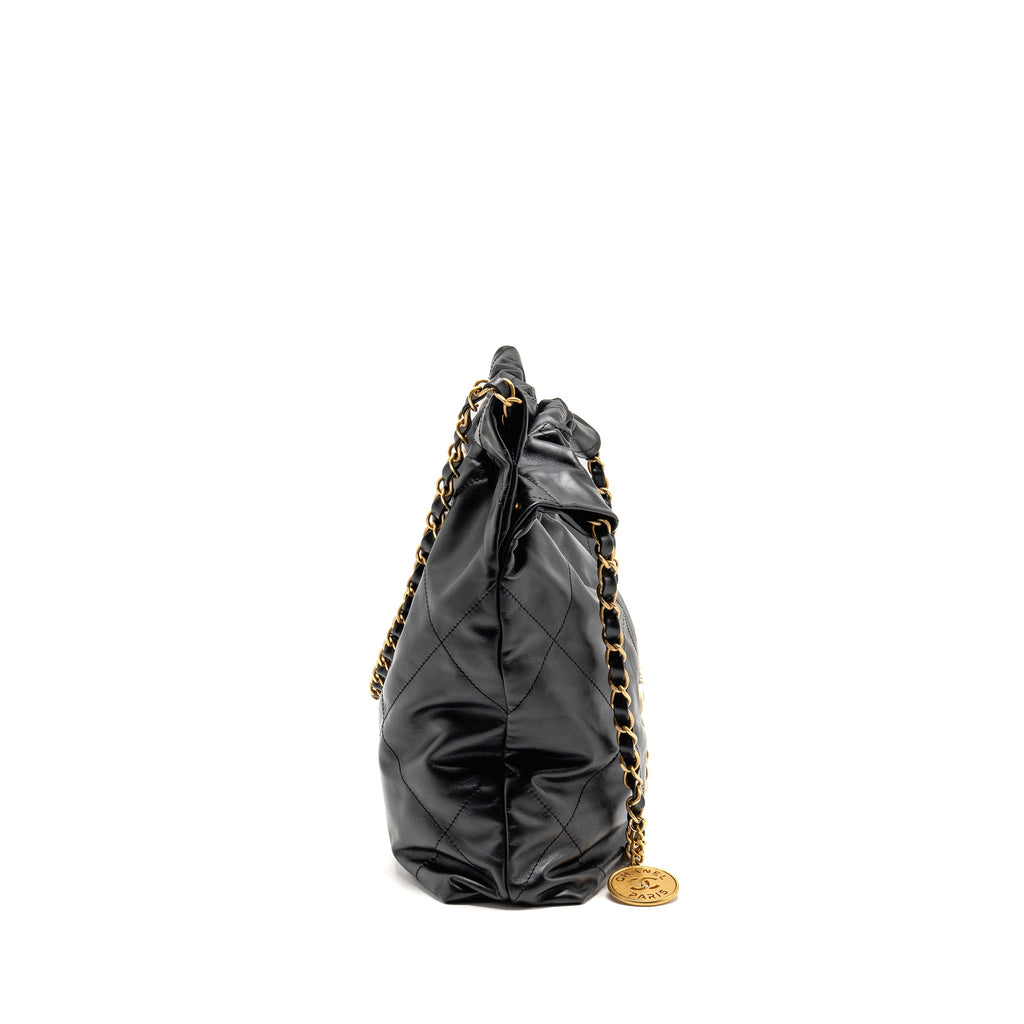 CHANEL SMALL 22 BAG WITH WHITE LETTER LOGO CALFSKIN BLACK GHW (MICROCHIP)