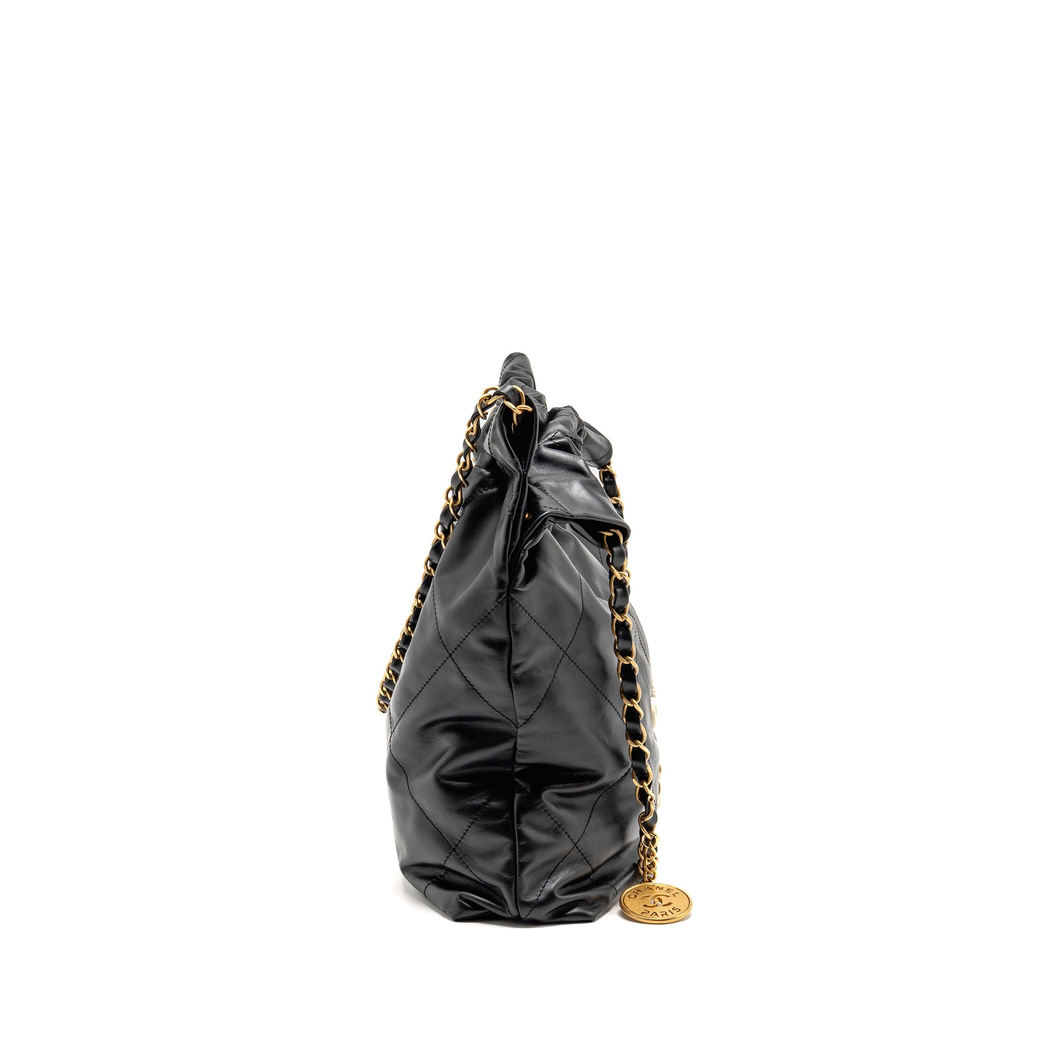 CHANEL SMALL 22 BAG WITH WHITE LETTER LOGO CALFSKIN BLACK GHW (MICROCHIP)