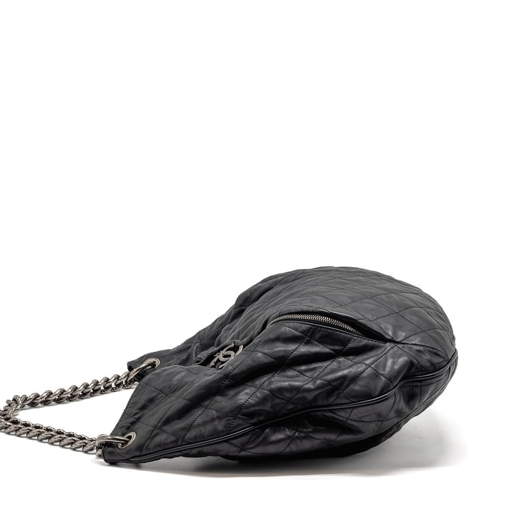 CHANEL COCO PLEATS HOBO BAG CALFSKIN BLACK RUTHENIUM HARDWARE