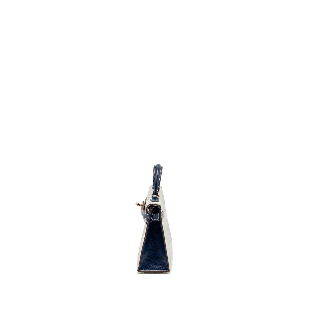 HERMES MINI KELLY SPECIAL ORDER OSTRICH GRIS PERLE/BLUE IRIS LGHW