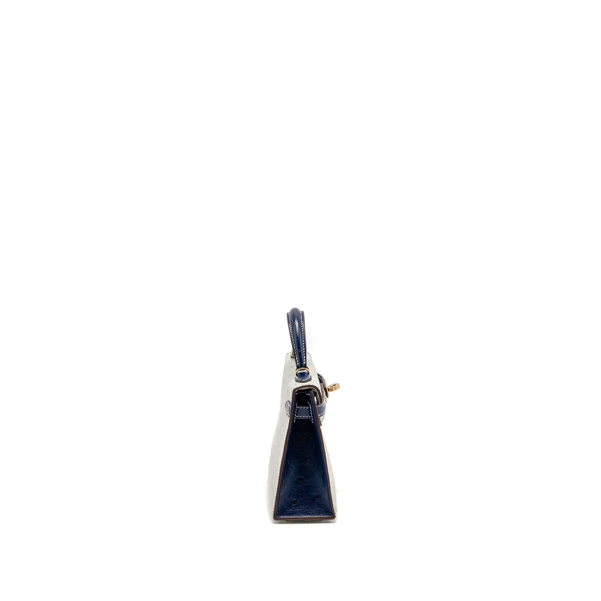 HERMES MINI KELLY SPECIAL ORDER OSTRICH GRIS PERLE/BLUE IRIS LGHW