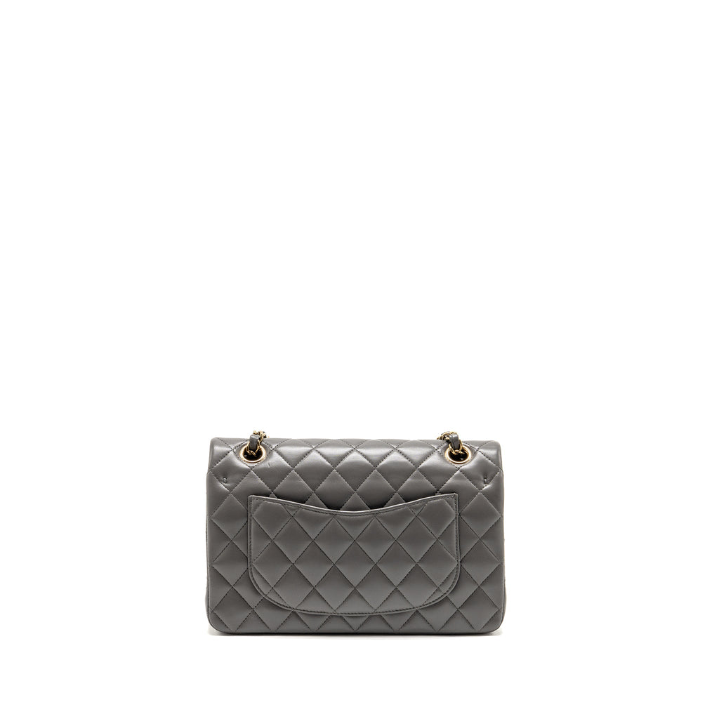 CHANEL SMALL CLASSIC DOUBLE FLAP BAG LAMBSKIN GREY LGHW (MICROCHIP)