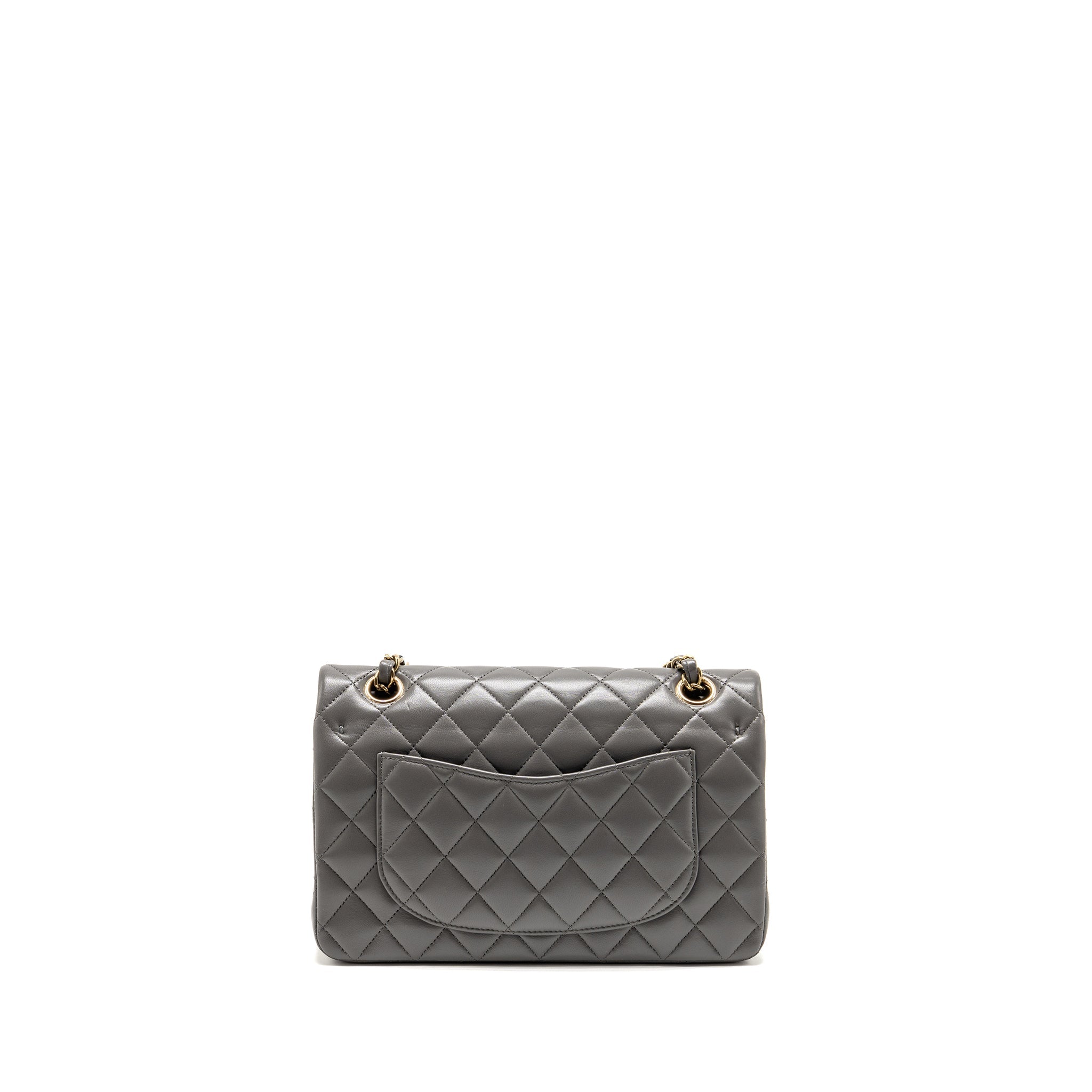 CHANEL SMALL CLASSIC DOUBLE FLAP BAG LAMBSKIN GREY LGHW (MICROCHIP)