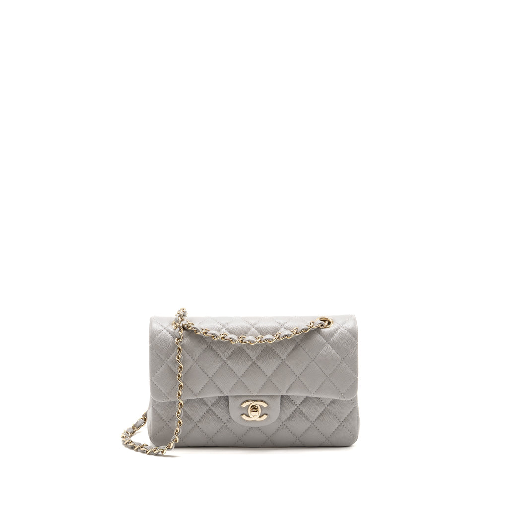 CHANEL SMALL CLASSIC DOUBLE FLAP BAG CAVIAR LIGHT GREY LGHW (MICROCHIP)