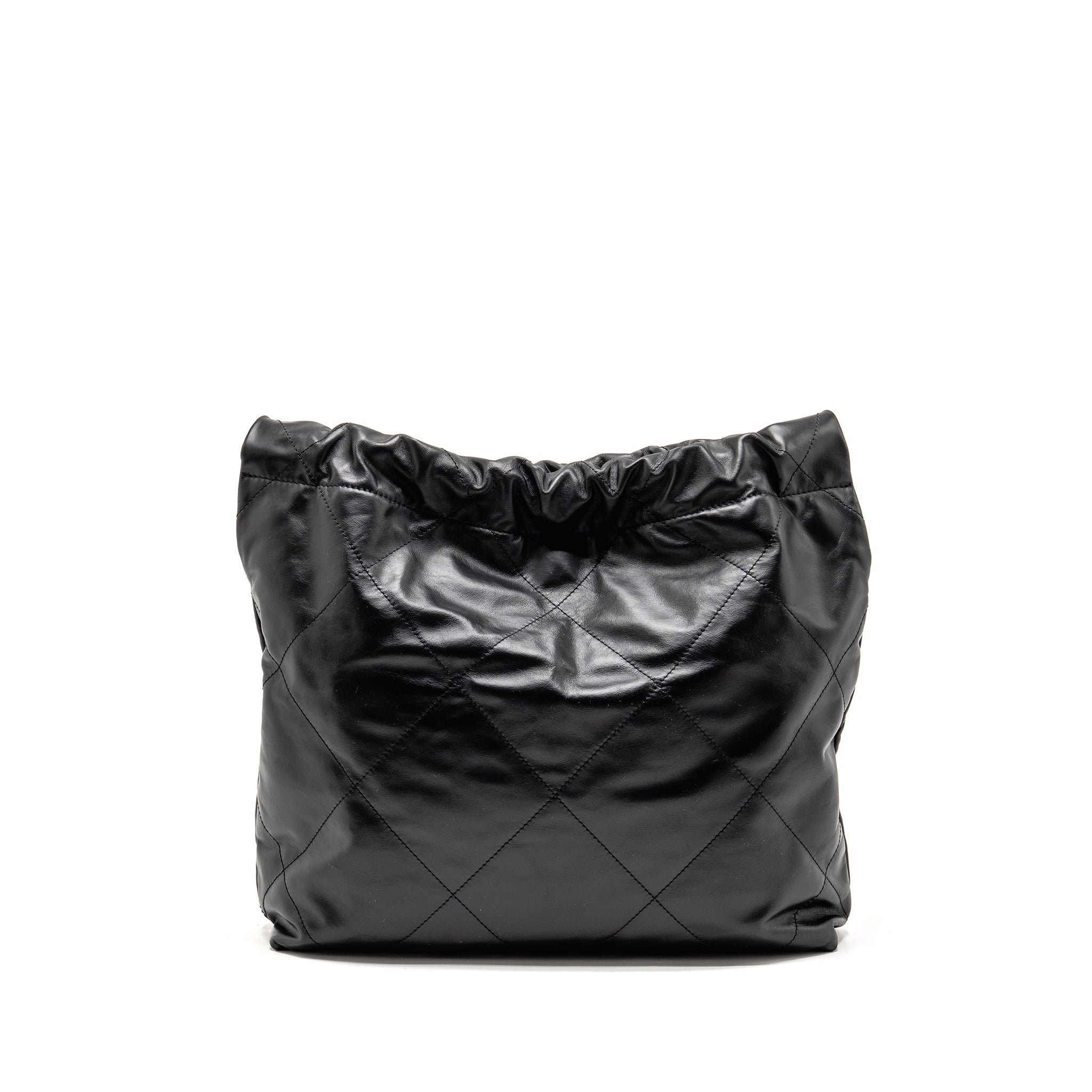 CHANEL SMALL 22 BAG WITH WHITE LETTER LOGO CALFSKIN BLACK GHW (MICROCHIP)