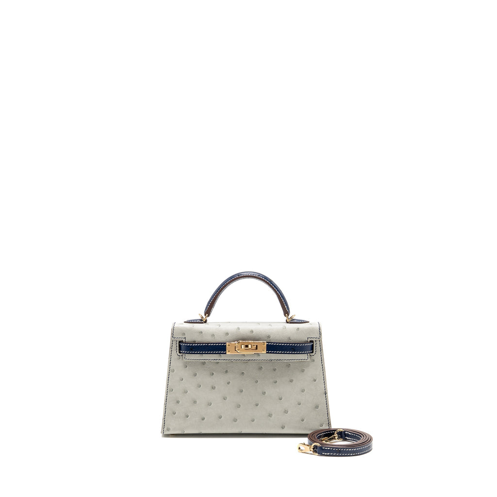 HERMES MINI KELLY SPECIAL ORDER OSTRICH GRIS PERLE/BLUE IRIS LGHW