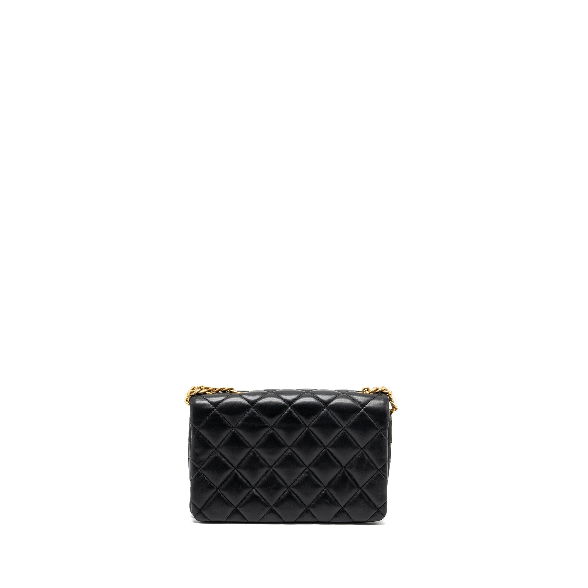 CHANEL 22K GOLD PILLAR ADJUSTABLE CHAIN FLAP BAG LAMBSKIN BLACK BRUSHED GHW (MICROCHIP)