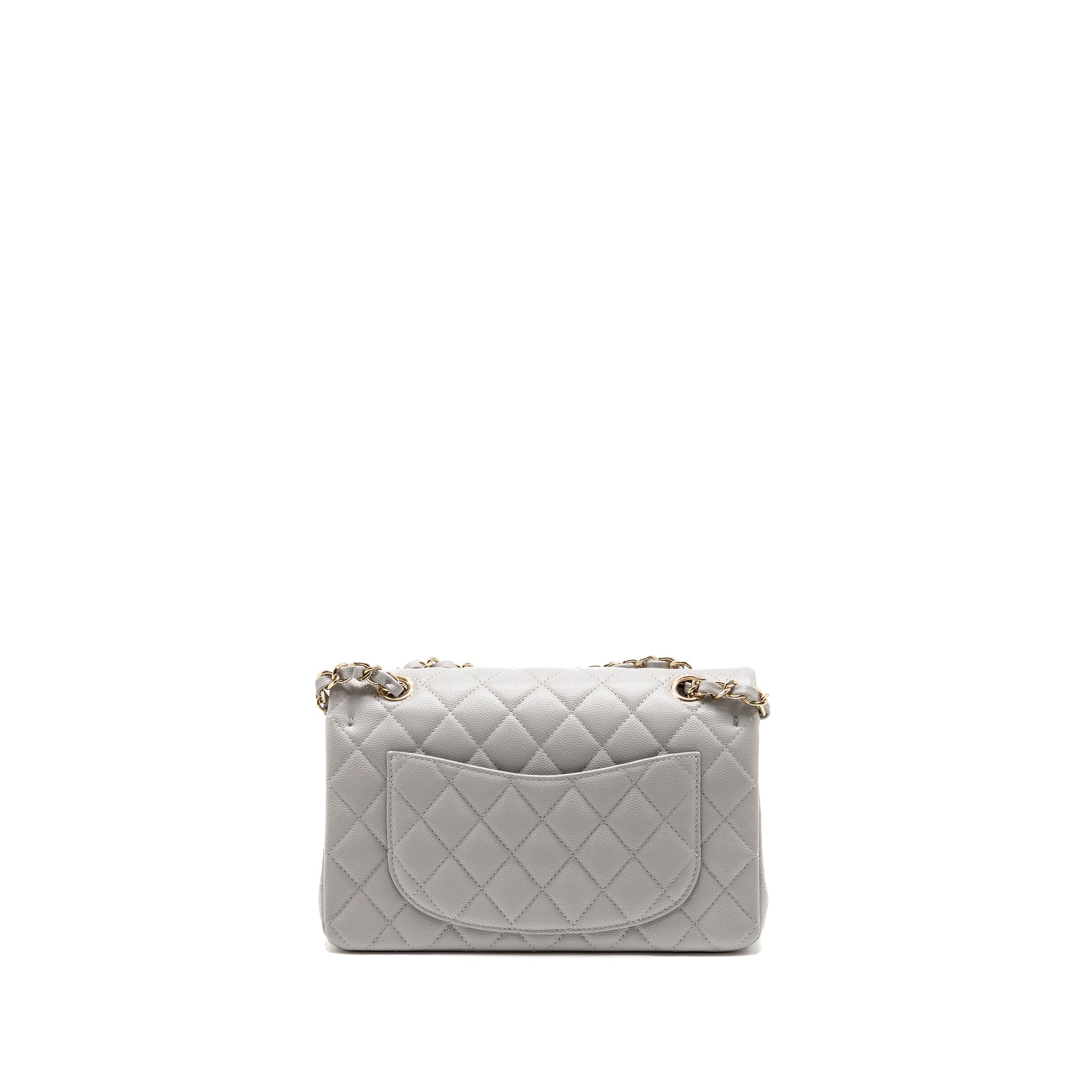 CHANEL SMALL CLASSIC DOUBLE FLAP BAG CAVIAR LIGHT GREY LGHW (MICROCHIP)