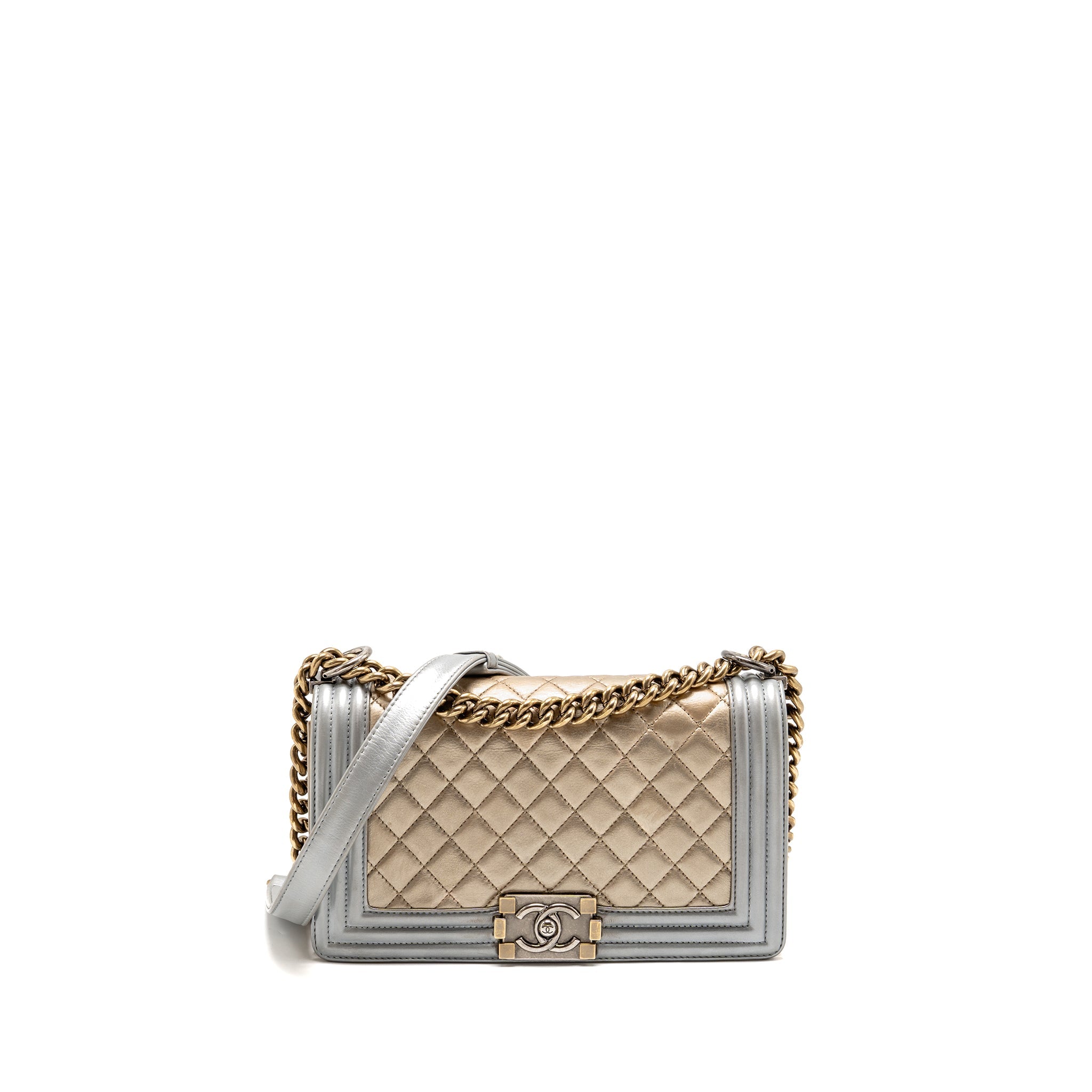 CHANEL MEDIUM BOY BAG METALLIZED CALFSKIN BRONZE/SILVER MULTICOLOURED HARDWARE