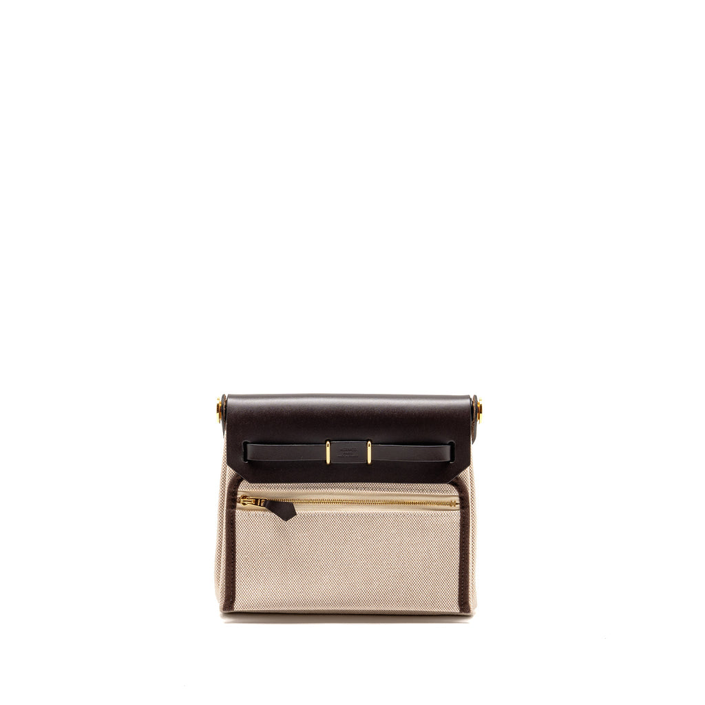 HERMES HERBAGMINI CANVAS/HUNTER LEATHER ECRU-BEIGE/EBENE GHW