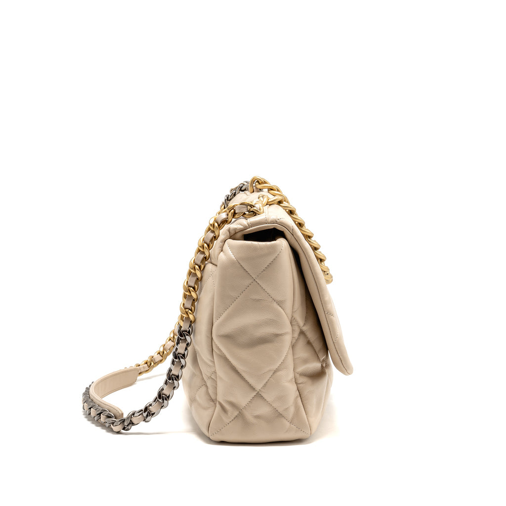 CHANEL MAXI 19 BAG GOATSKIN BEIGE MULTICOLOR HARDWARE