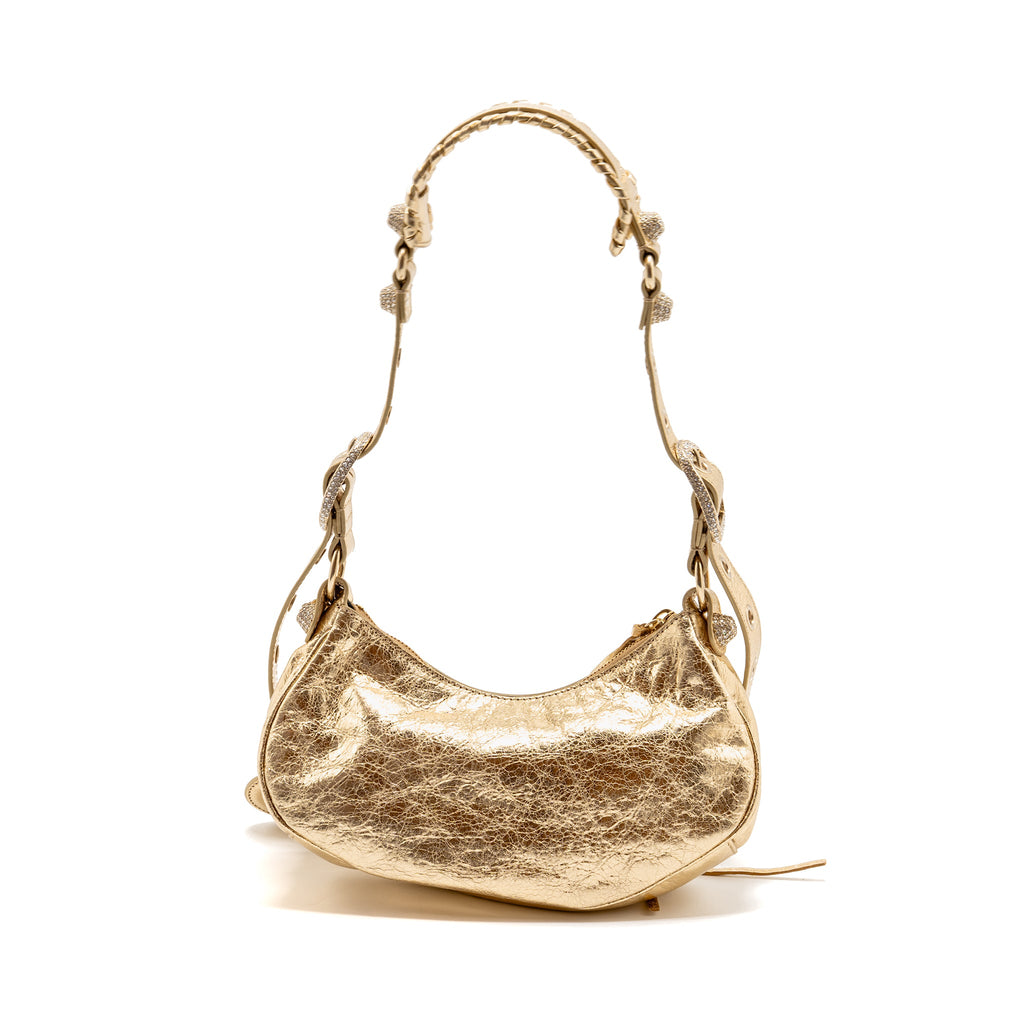 BALENCIAGA LE CAGOLE XS SHOULDER BAG ARENA CRACKED LAMBSKIN GOLD GHW