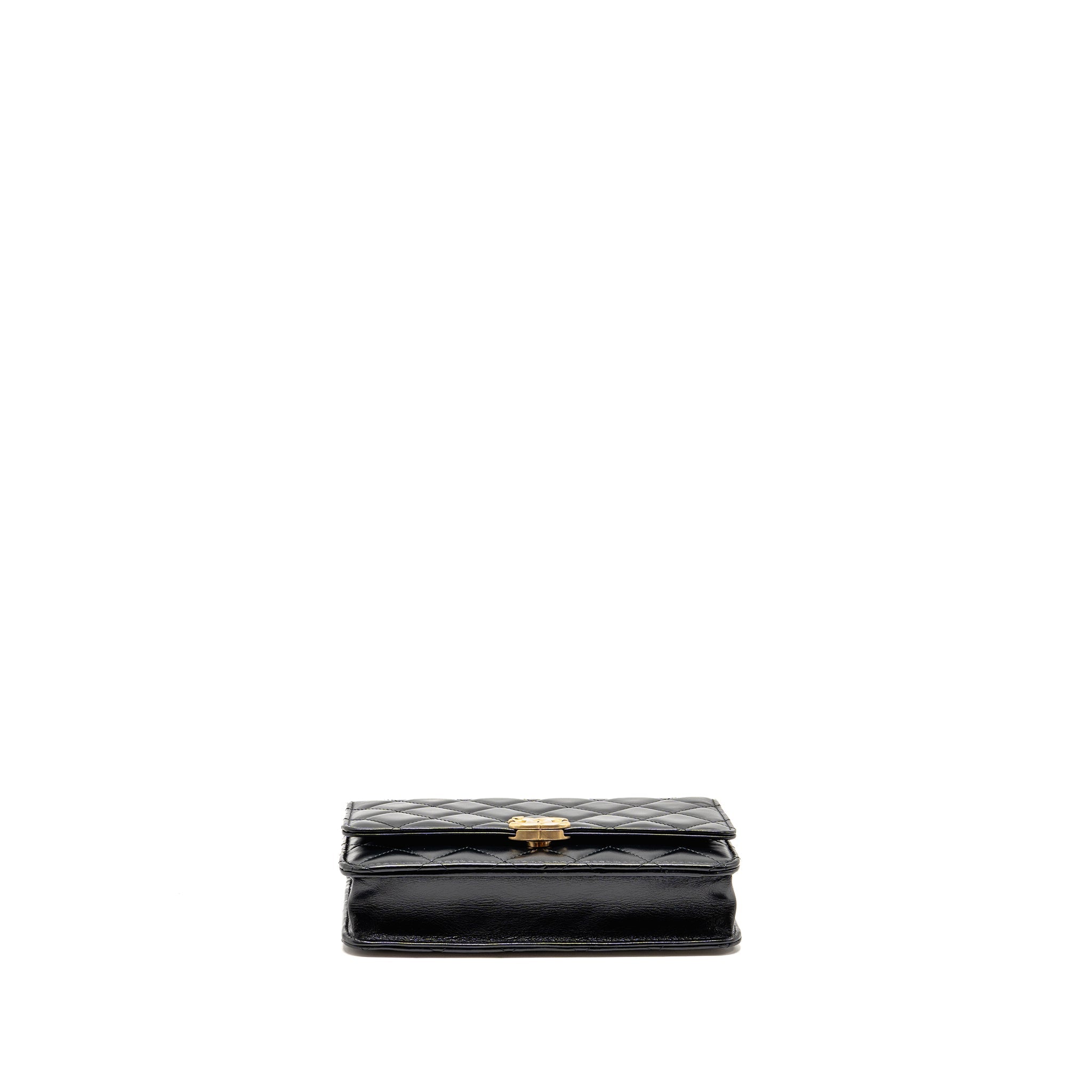 CHANEL GOLD CRUSH WALLET ON CHAIN CALFSKIN BLACK GHW (MICROCHIP)