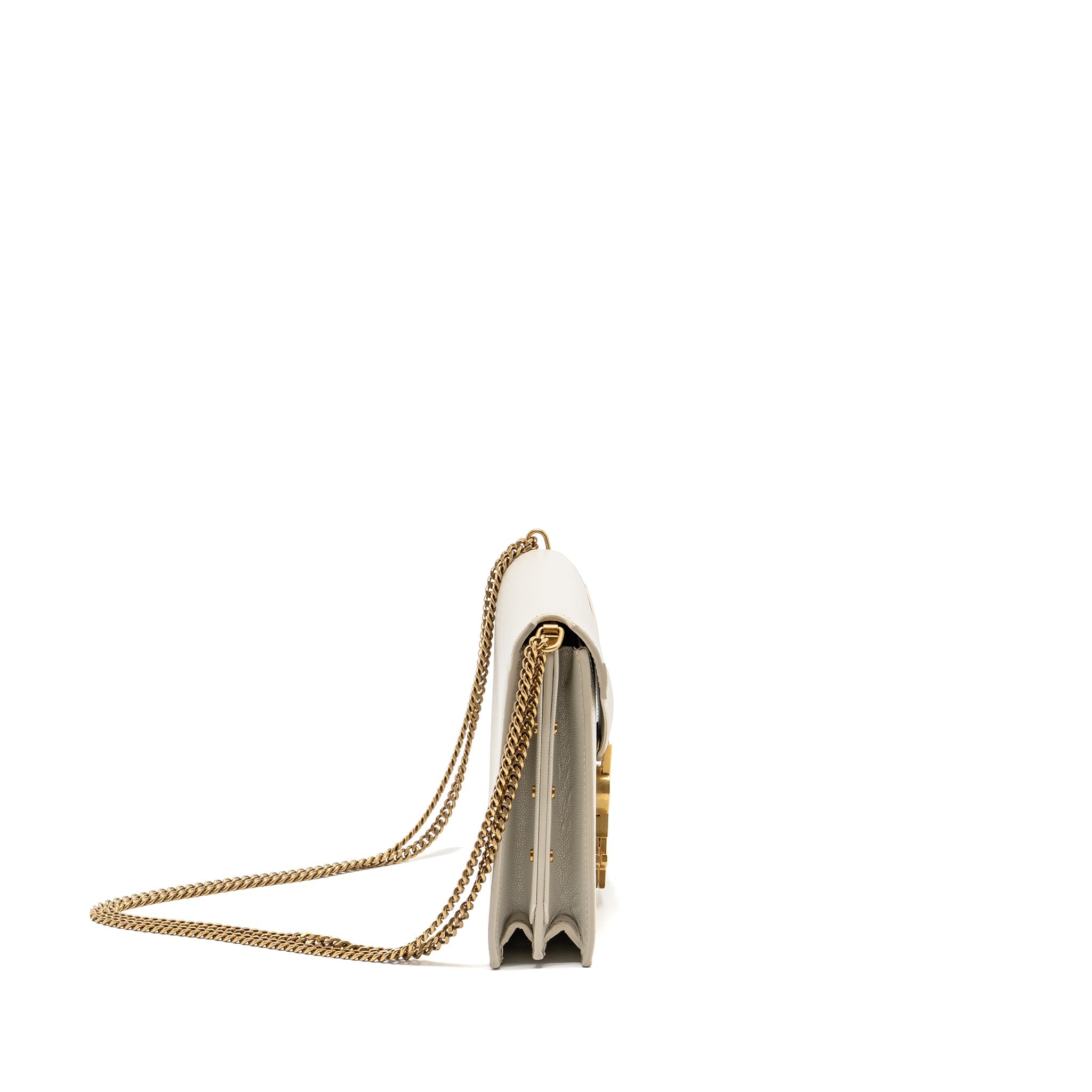 SAINT LAURENT/YSL CASSANDRA CHAIN WALLET GRAINED CALFSKIN CREAMY WHITE GHW