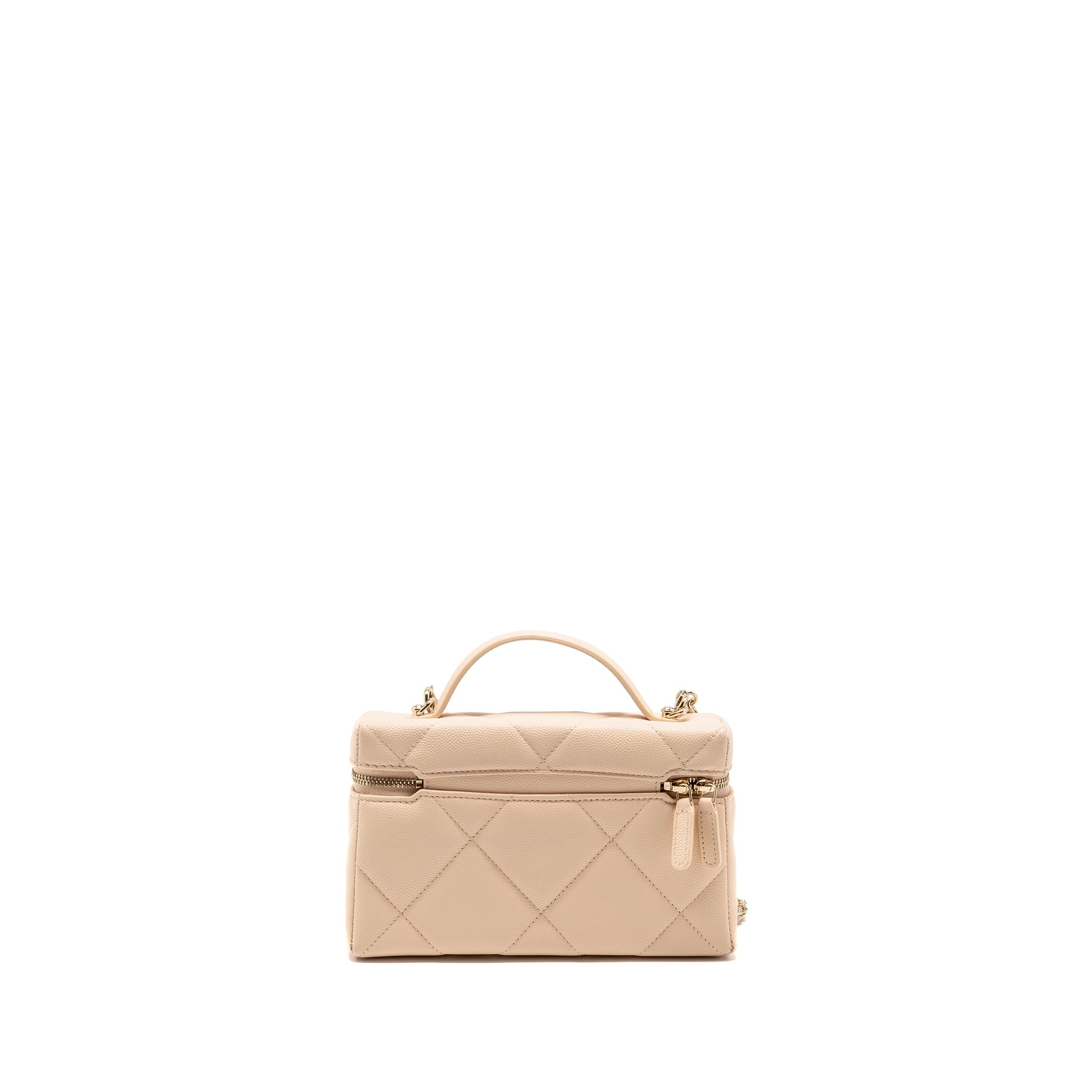 CHANEL 25K CC TOP HANDLE VANITY WITH CHAIN CAVIAR BEIGE LGHW (MICROCHIP)