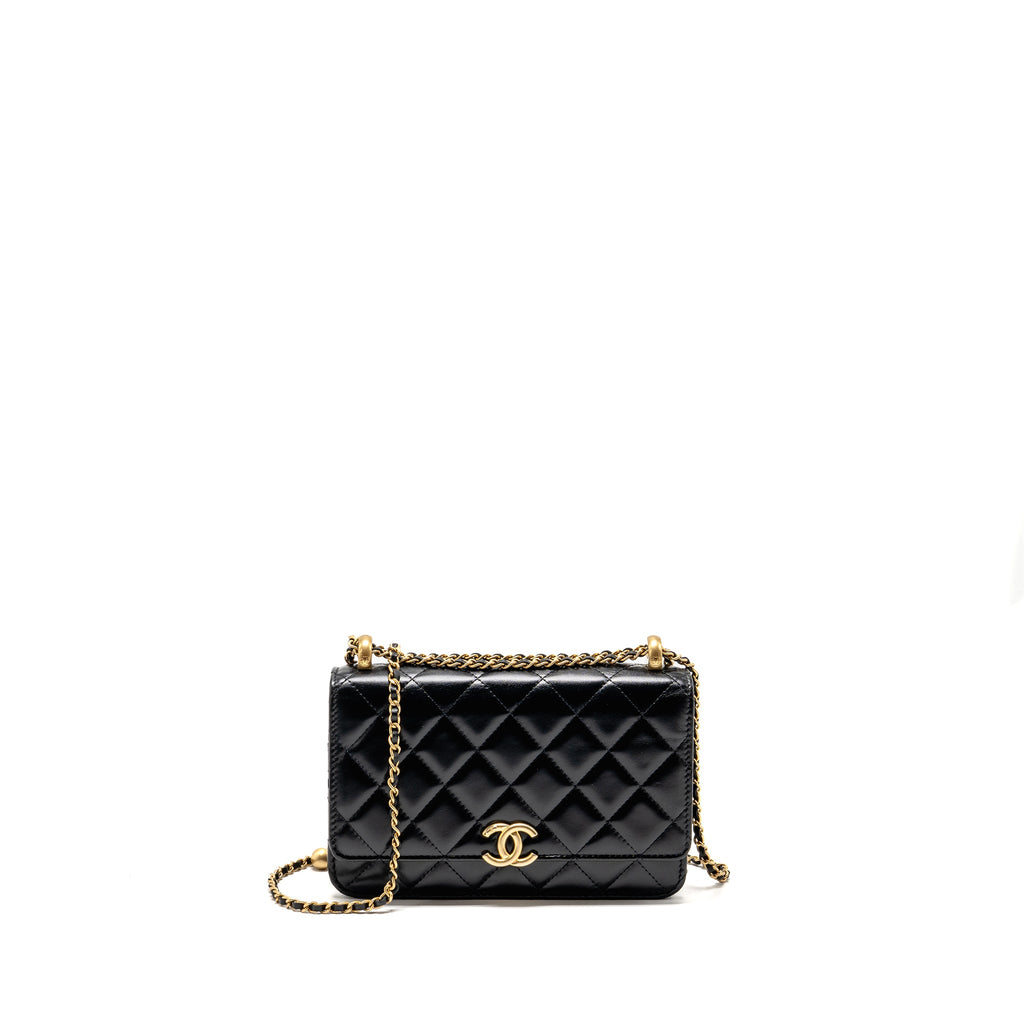 CHANEL GOLD CRUSH WALLET ON CHAIN CALFSKIN BLACK GHW (MICROCHIP)