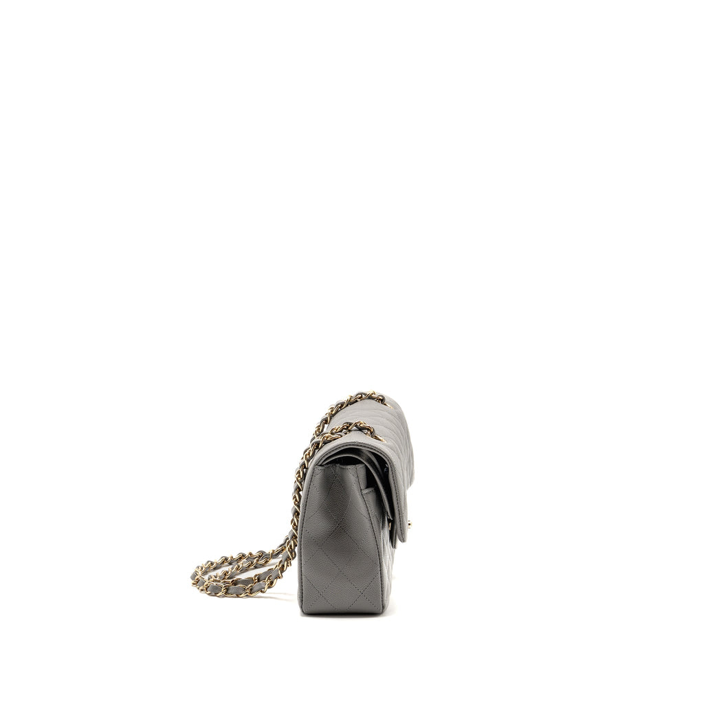 CHANEL SMALL CLASSIC DOUBLE FLAP BAG CAVIAR DARK GREY LGHW (MICROCHIP)