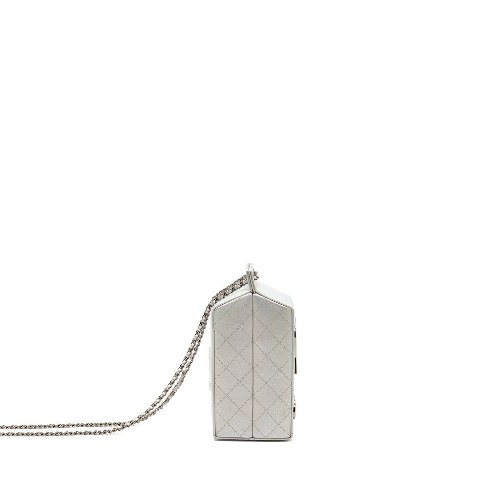 CHANEL 14K LIMITED EDITION RUNWAY LAIT DE COCO MILK CARTON EVENING CHAIN BAG GOATSKIN IRIDESCENT SILVER SHINY RUTHENIUM HARDWARE