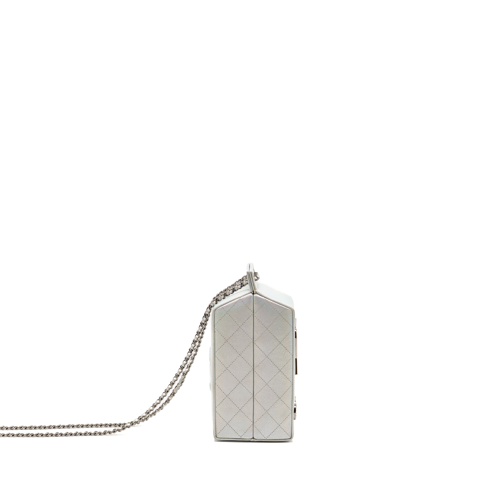 CHANEL 14K LIMITED EDITION RUNWAY LAIT DE COCO MILK CARTON EVENING CHAIN BAG GOATSKIN IRIDESCENT SILVER SHINY RUTHENIUM HARDWARE
