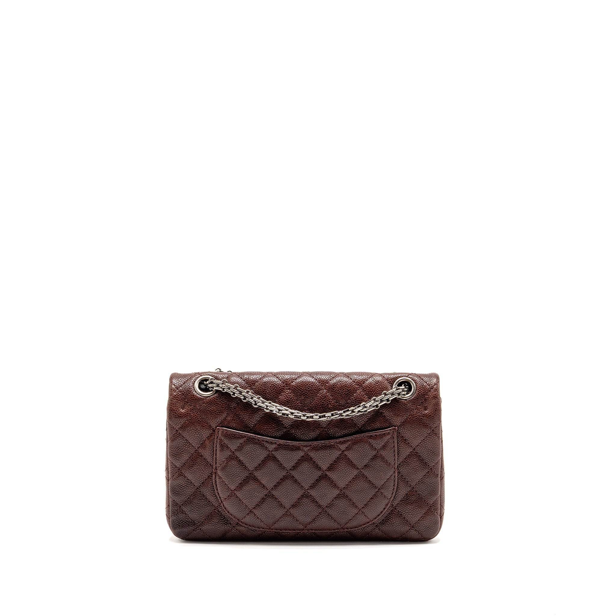 CHANEL SMALL 2.55 REISSUE DOUBLE FLAP BAG SHINY GRAINED CALFSKIN BURGUNDY SHW