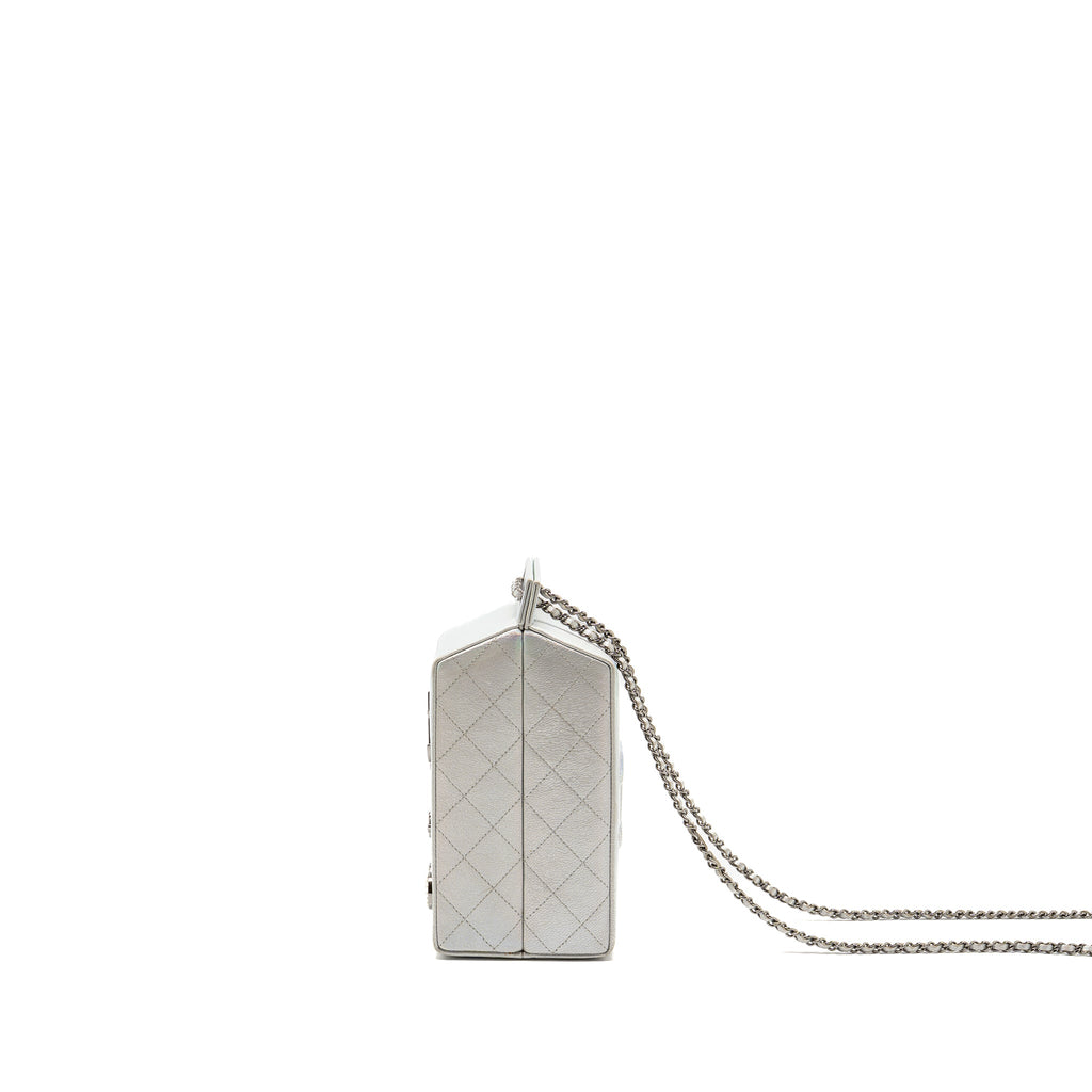 CHANEL 14K LIMITED EDITION RUNWAY LAIT DE COCO MILK CARTON EVENING CHAIN BAG GOATSKIN IRIDESCENT SILVER SHINY RUTHENIUM HARDWARE