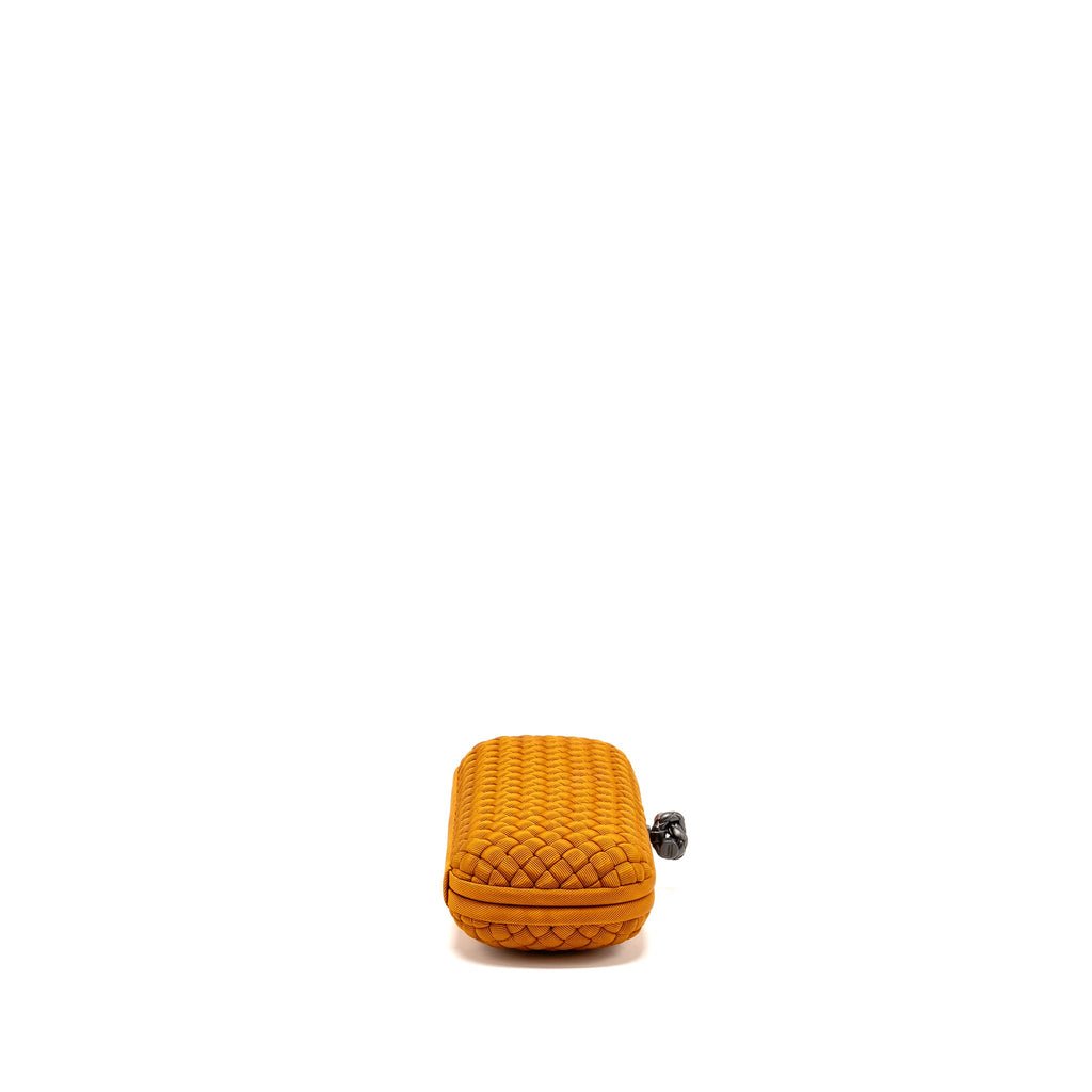 BOTTEGA VENETA INTRECCIO IMPERO AYERS STRETCH KNOT CLUTCH SATIN ORANGE RUTHENIUM HARDWARE
