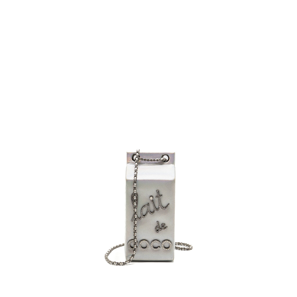 CHANEL 14K LIMITED EDITION RUNWAY LAIT DE COCO MILK CARTON EVENING CHAIN BAG GOATSKIN IRIDESCENT SILVER SHINY RUTHENIUM HARDWARE