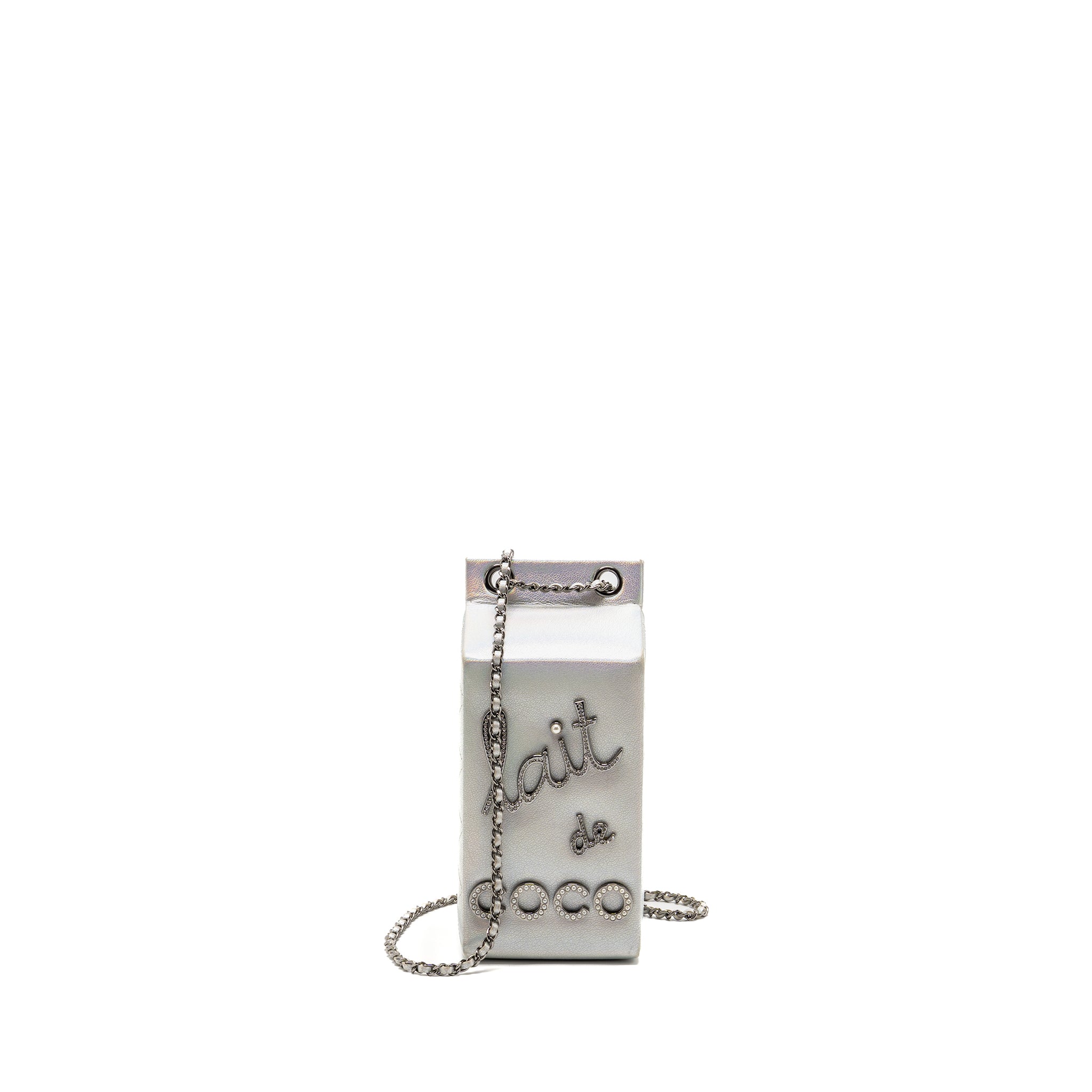 CHANEL 14K LIMITED EDITION RUNWAY LAIT DE COCO MILK CARTON EVENING CHAIN BAG GOATSKIN IRIDESCENT SILVER SHINY RUTHENIUM HARDWARE