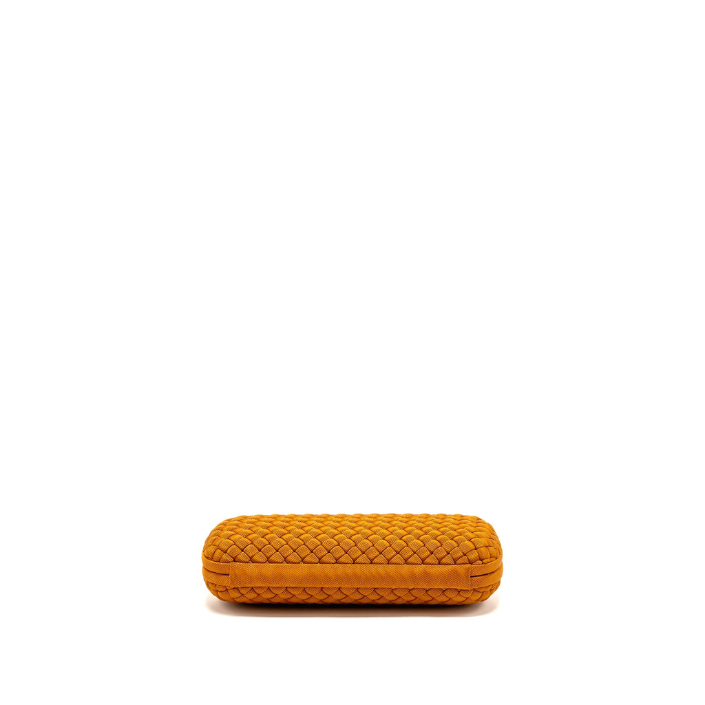 BOTTEGA VENETA INTRECCIO IMPERO AYERS STRETCH KNOT CLUTCH SATIN ORANGE RUTHENIUM HARDWARE
