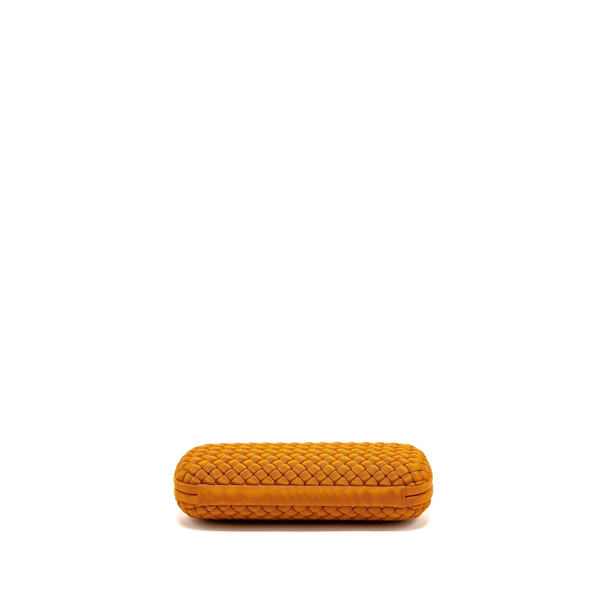 BOTTEGA VENETA INTRECCIO IMPERO AYERS STRETCH KNOT CLUTCH SATIN ORANGE RUTHENIUM HARDWARE