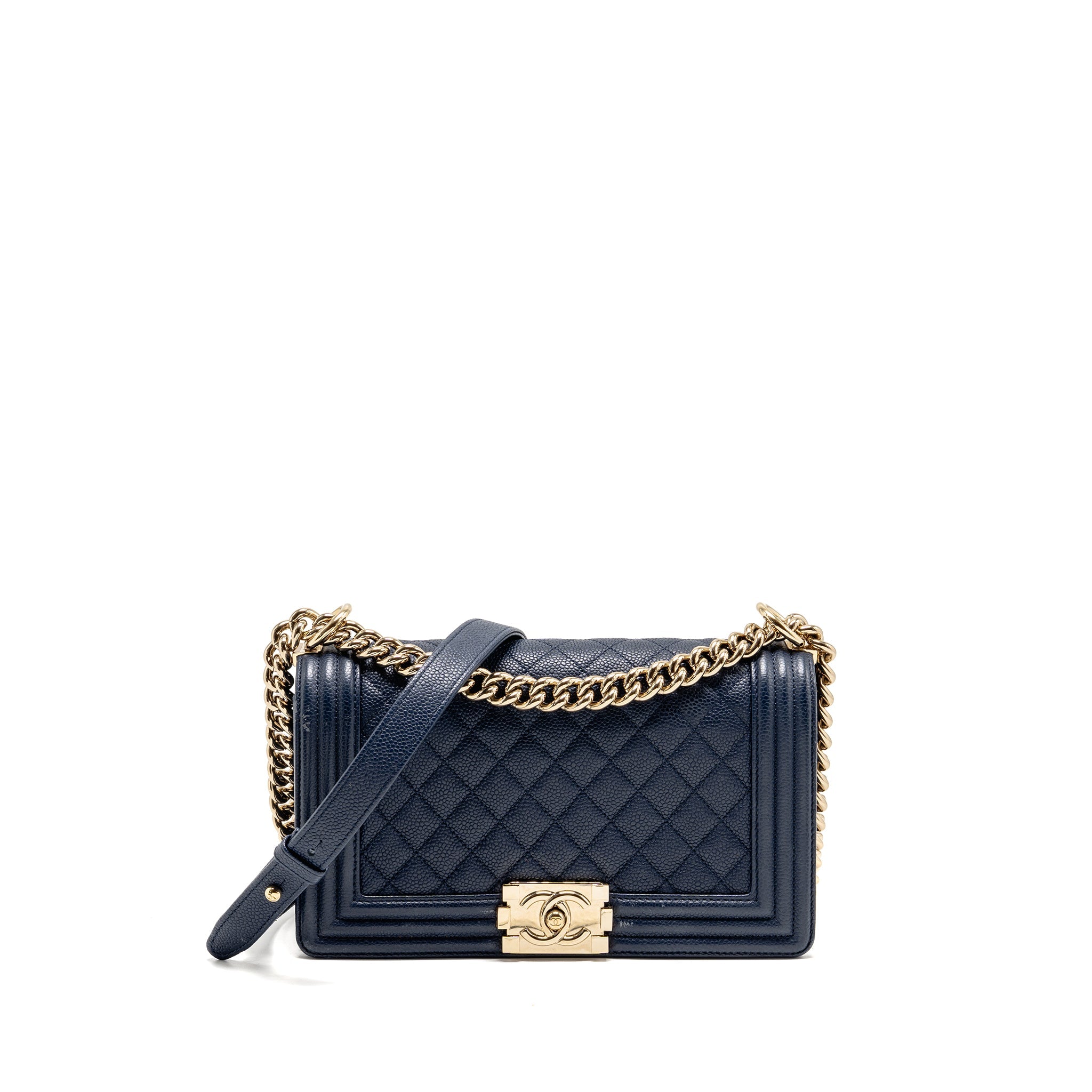 CHANEL MEDIUM BOY BAG CAVIAR NAVY LGHW